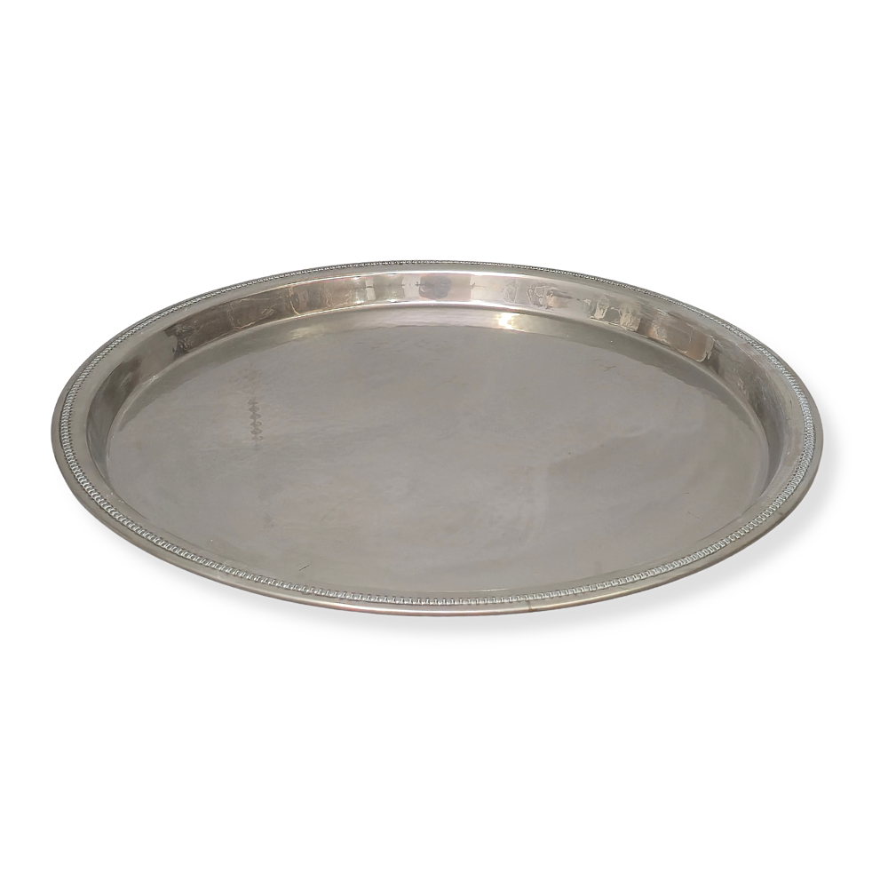 ROUND SILVER METAL TRAY WITH TRIM.