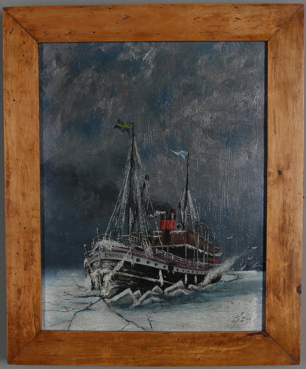OIDENTIFIERAD KONSTNÄR. Isbrytaren Expressen under unionsflagg. Olja på duk. Signerad NBm samt -89.