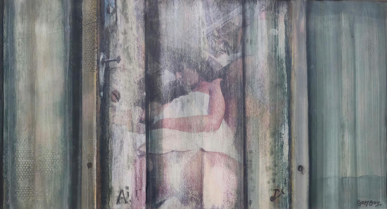 VOYEURS. MIXED MEDIA ON PAPER. SIGNED DRUMS.