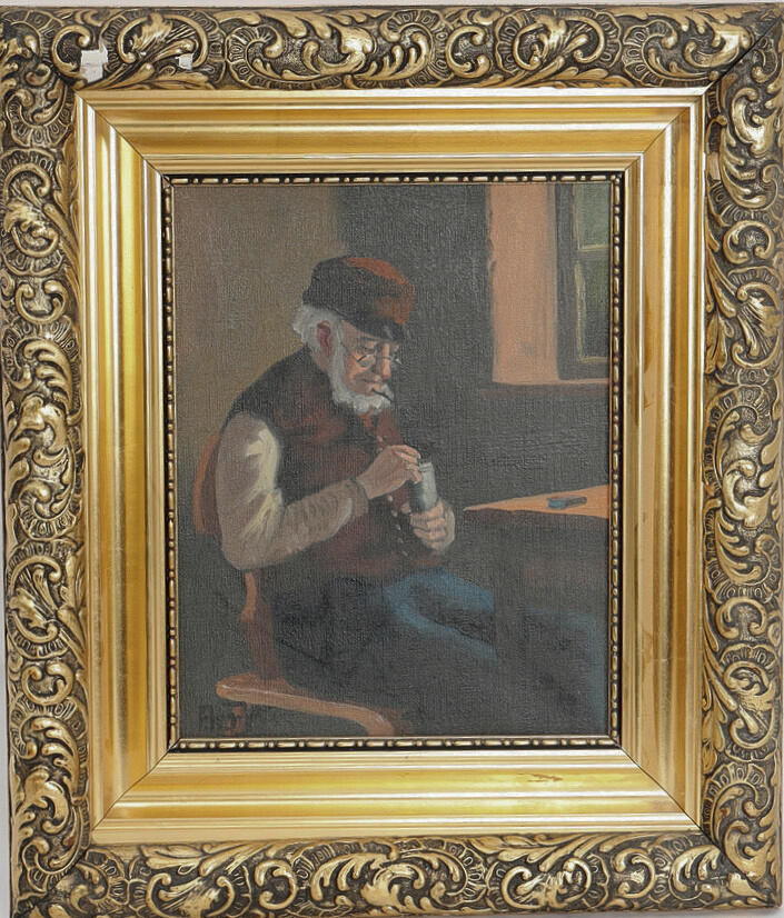 OIDENTIFIERAD KONSTNÄR. Oil on canvas, interior with man.