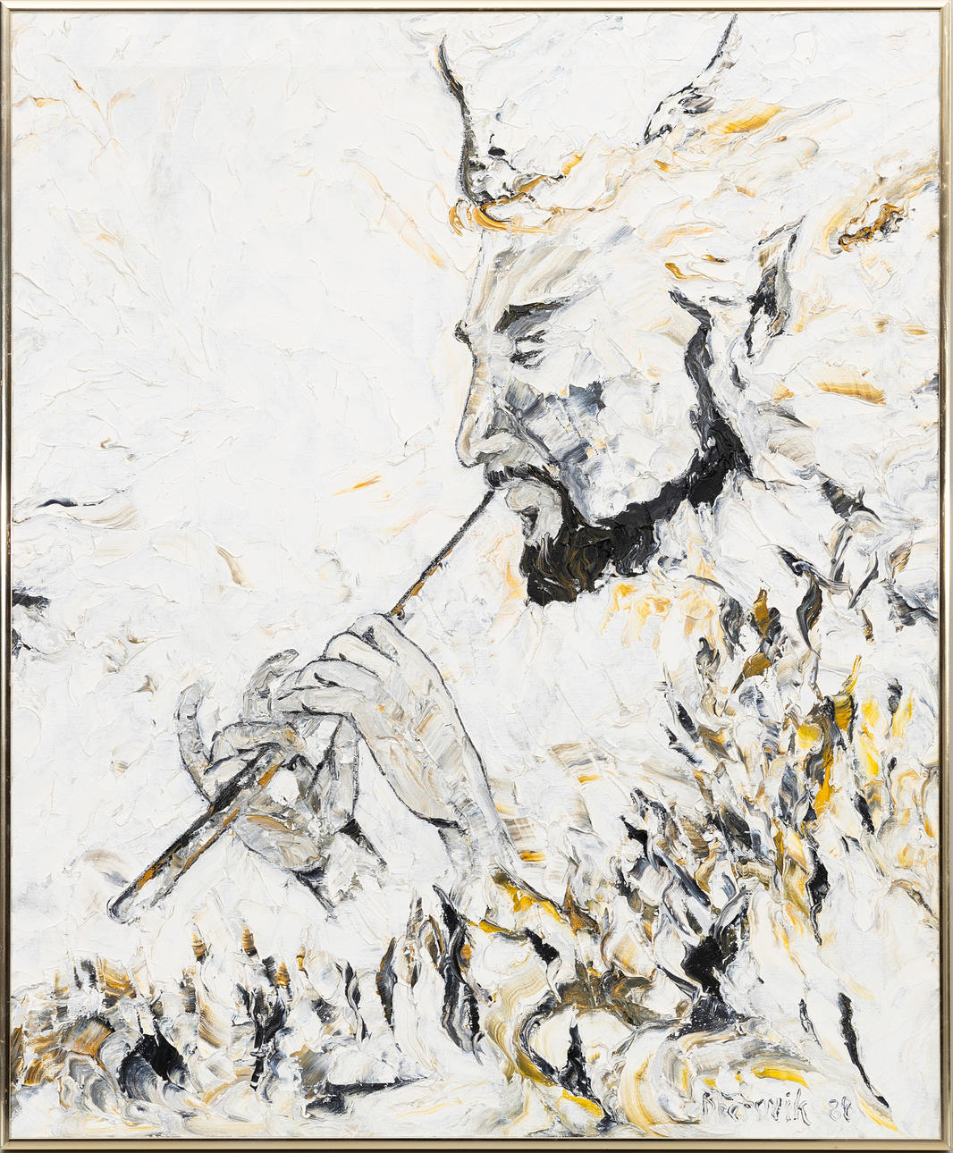 BIRGIT FERNVIK (1943-). Flute playing man, oil on canvas. signed and dated, -89.