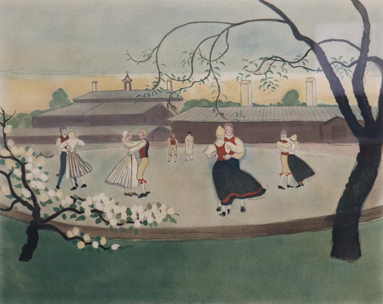EINAR JOLIN. lithography, Midsummer Dance at Skansen.