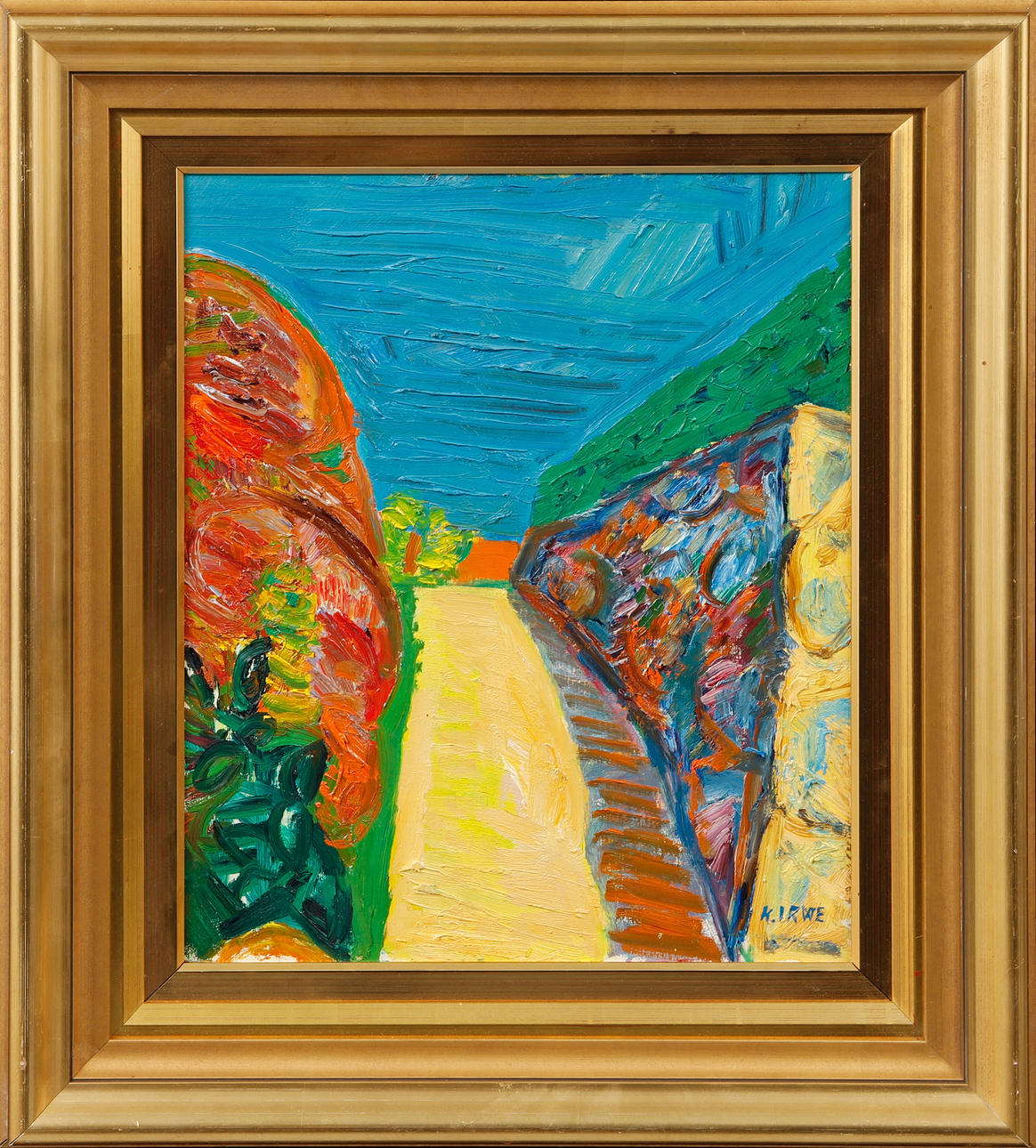 KNUT IRWE. Wall and tree-lined road, oil on panel, signed.
