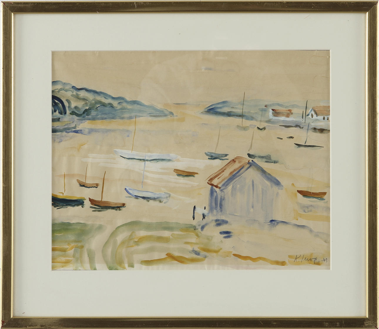 KNUT IRWE. Akvarell med täckvitt, signerad -41. Kustbild med båtar och hus.