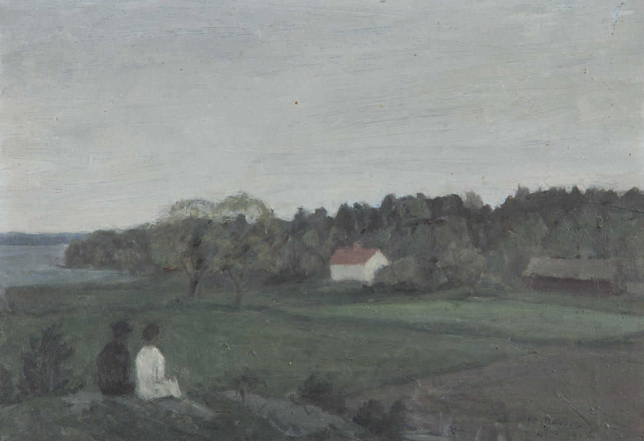 OLLE NORDBERG. Landskap med hus, olja på pannå, signerad -25.