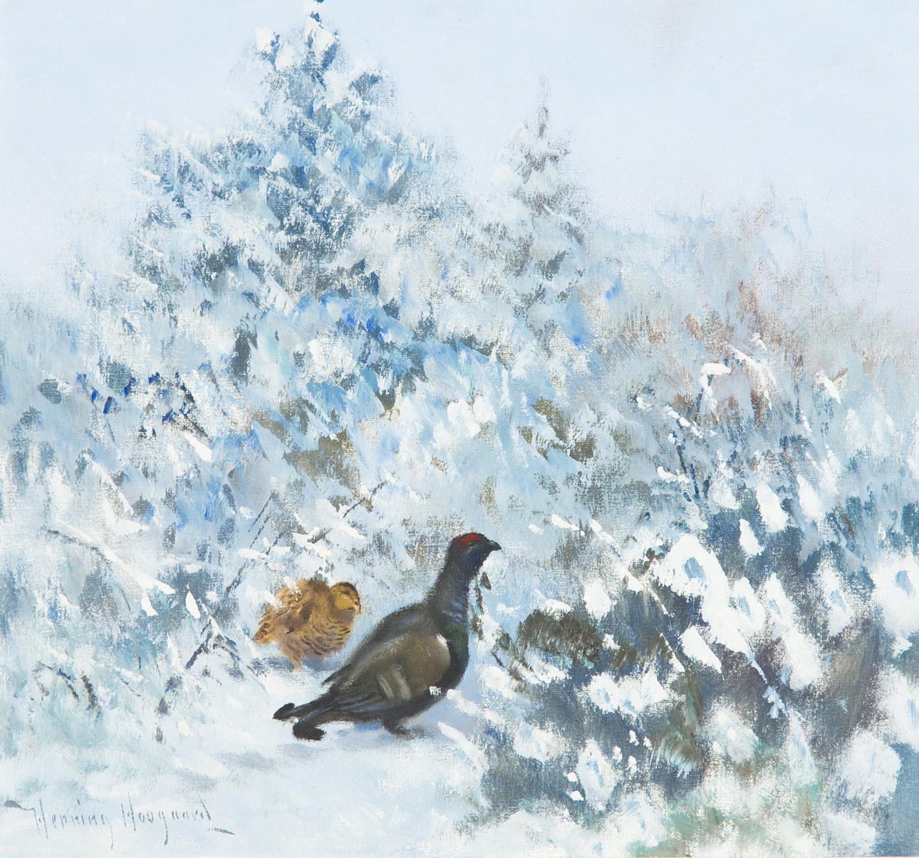 HENNING HOUGAARD. Fåglar i vinterlandskap, olja på duk, signerad.