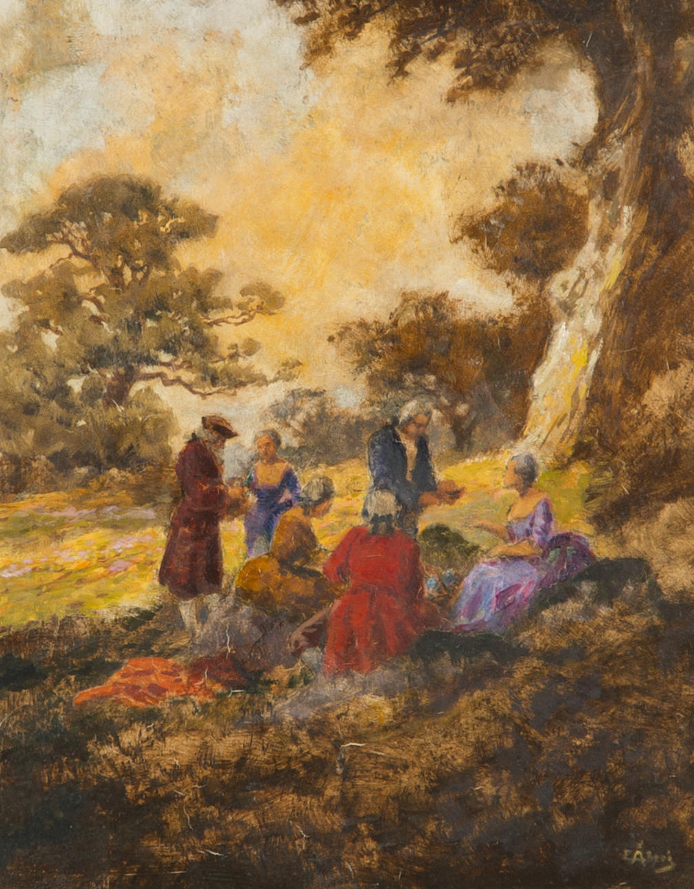 EMIL ÅBERG. "Herrskapslunch i det gröna", olja på pannå, signerad E. Åberg.