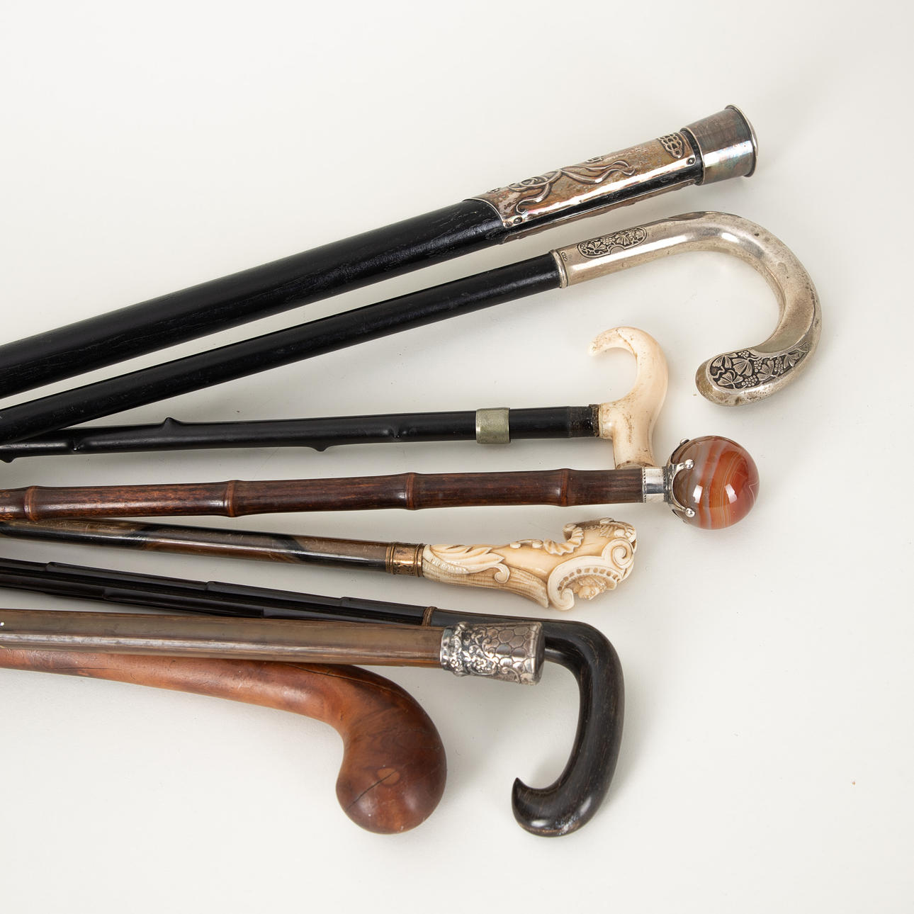 Collection of walking sticks with ivory, silver, etc., 19th century (8 ...