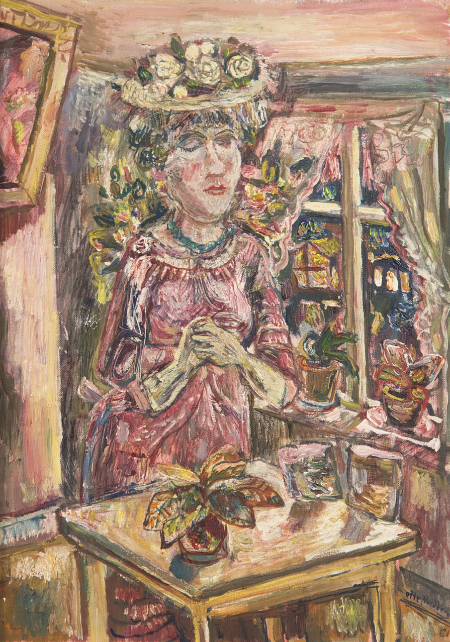 OLLE NORDBERG. Kvinna med blomsterhatt, olja på pannå, signerad -61.