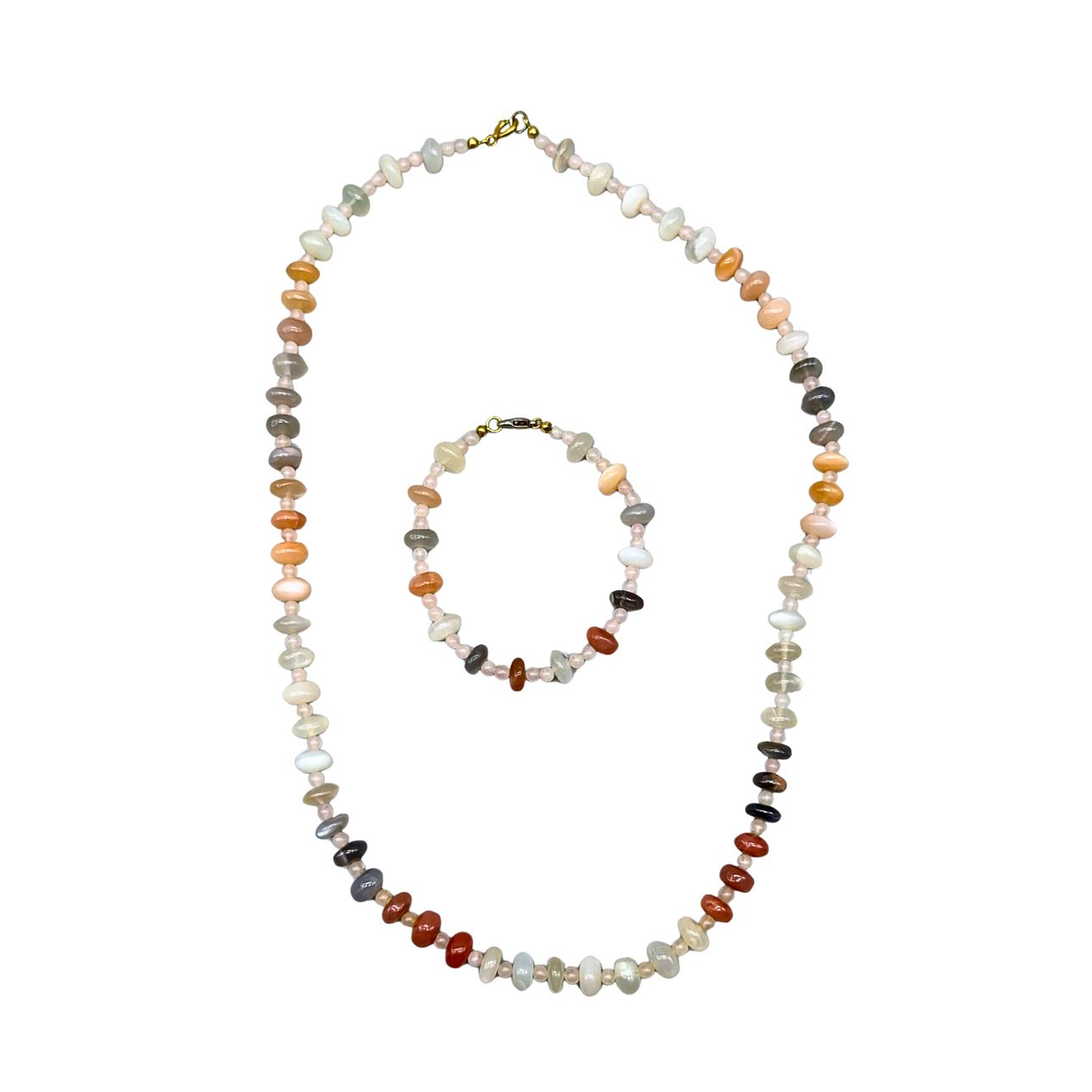 COLOURFUL MOONSTONE BRACELET AND NECKLACE SET.