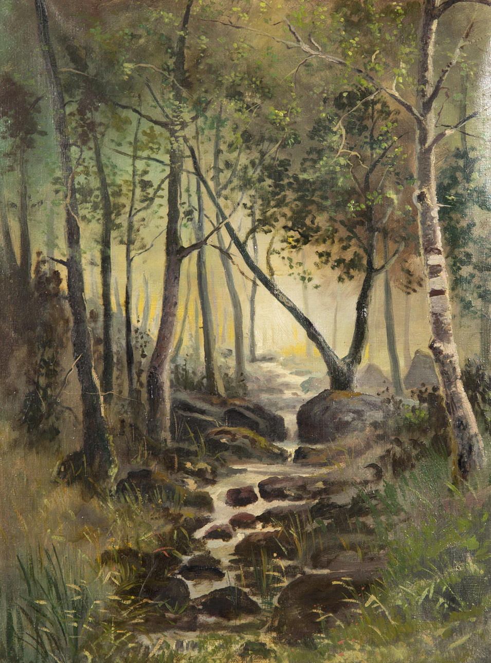 OIDENTIFIERAD KONSTNÄR. Skogsparti med bäck, olja på duk, sekelskiftet 1800/1900, osignerat.