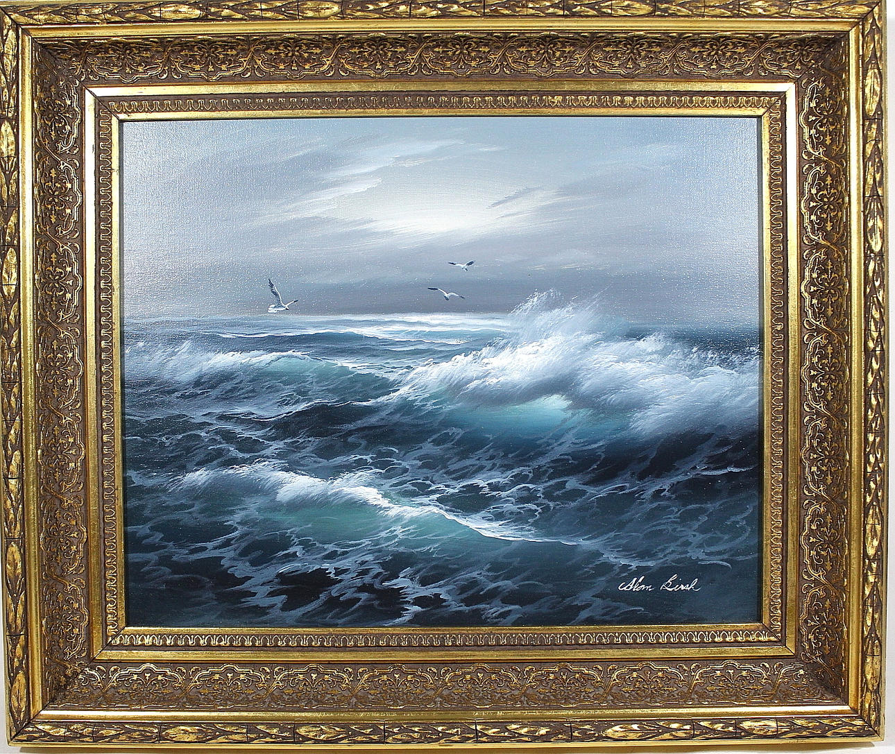 ALAN BIRCH. olja på duk, fiskmåsar över öppet hav, signerad.