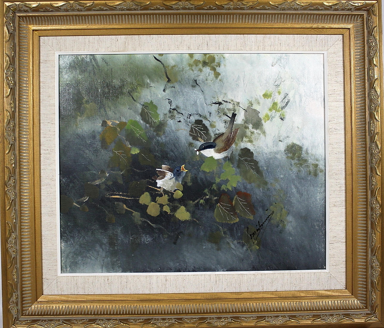 OIDENTIFIERAD KONSTNÄR. olja på duk, "Ärtsångare med unge" signerad.