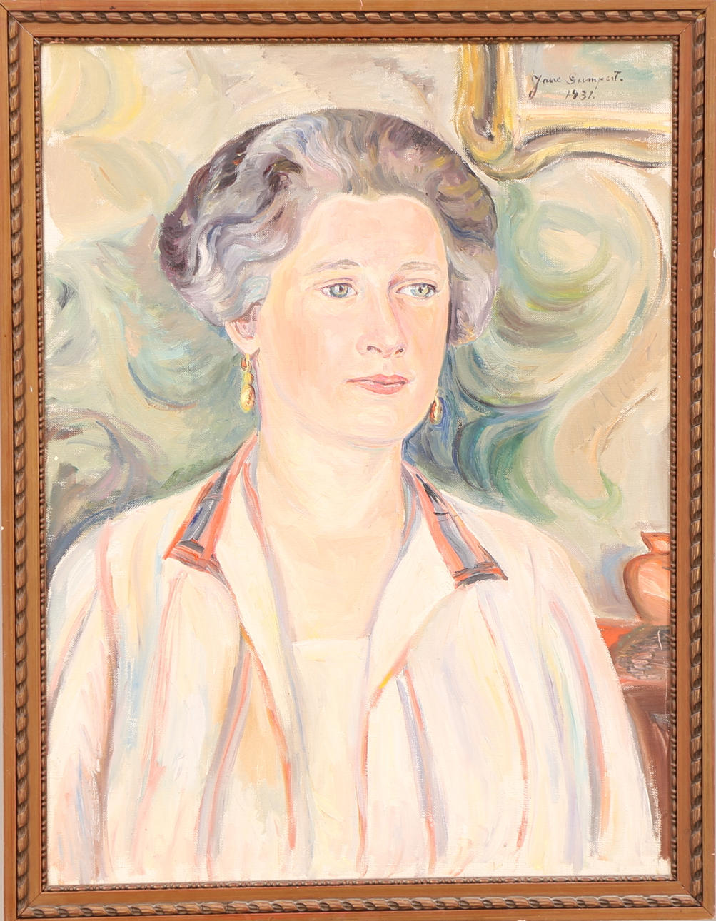 JANE GUMPERT. TAVLA, olja duk, signerad Jane Gumpert 1931, kvinnoporträtt.