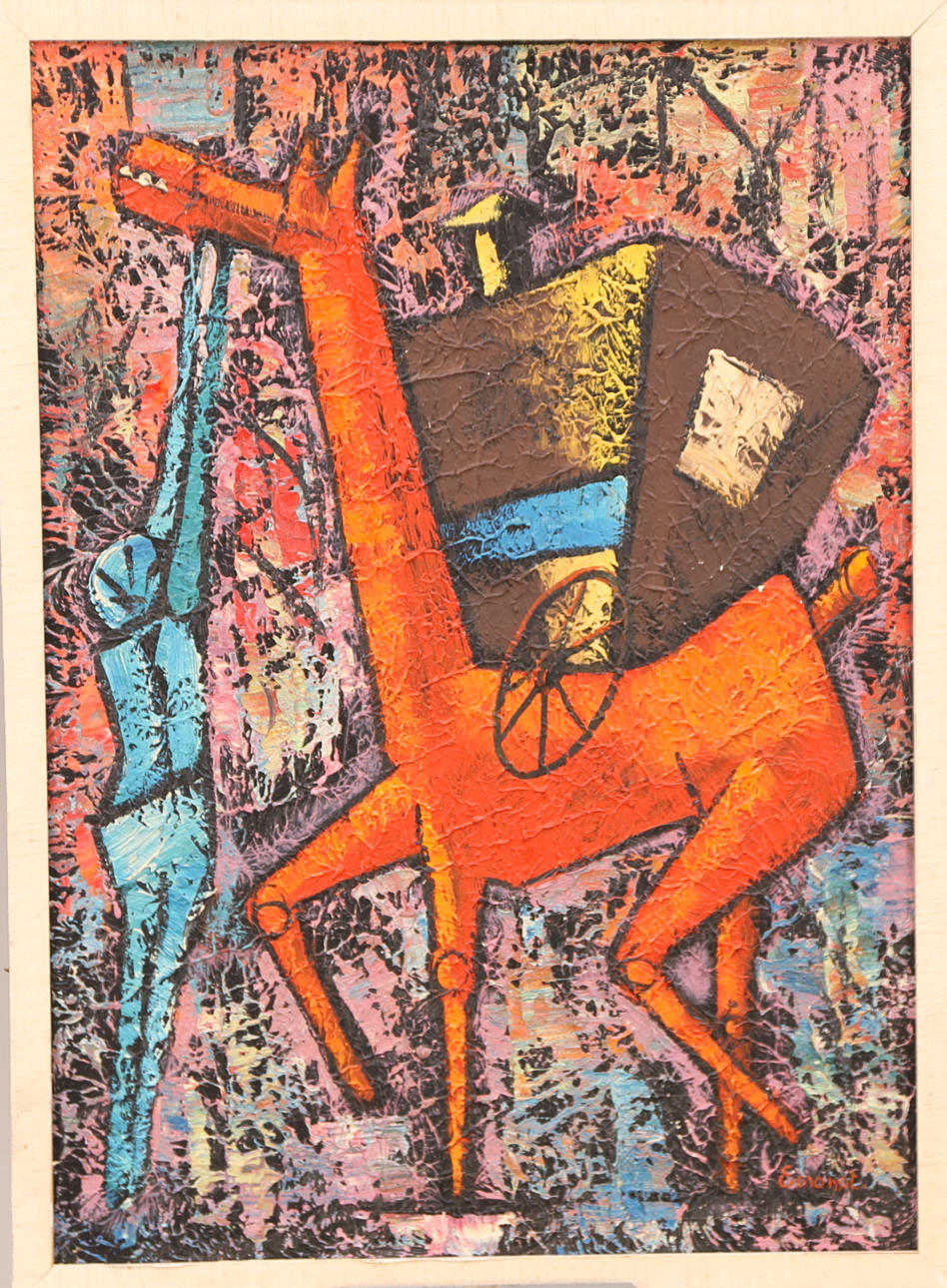 OIDENTIFIERAD KONSTNÄR. TAVLA, olja duk, signerad Emondt, komposition med häst.