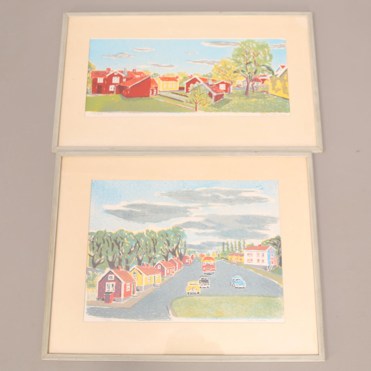 GÖSTA PETTERSSON. TAVLOR, 2 st, färglitografier, signerade Gösta Pettersson, Falköpingsmiljöer.