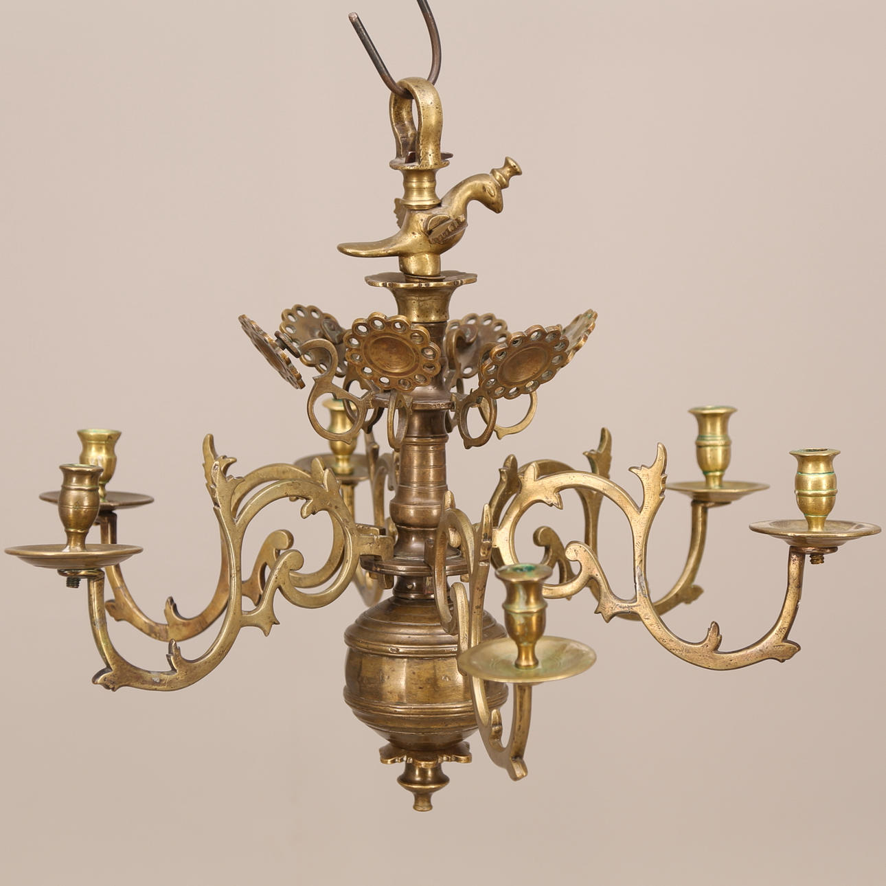 MALMKRONA, 6 ljusarmar, barockstil, fågeldekor, komplett, 1800-tal.