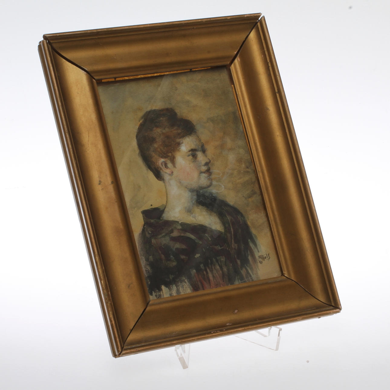 EMMA TOLL. Kvinnoporträtt, blandteknik, signerad.