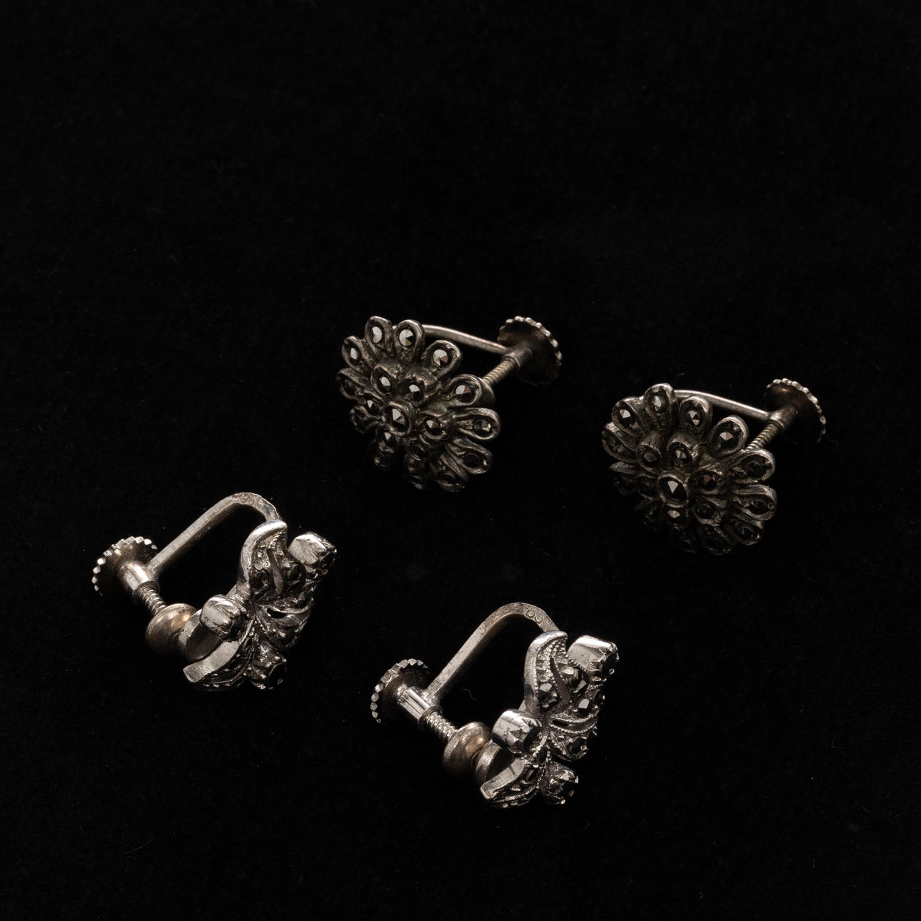 EARRINGS, 2 pairs, Silver, Marcasiter.