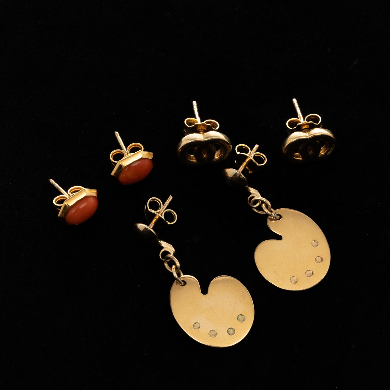 EARRINGS, 3 pairs, Gold plated silver.