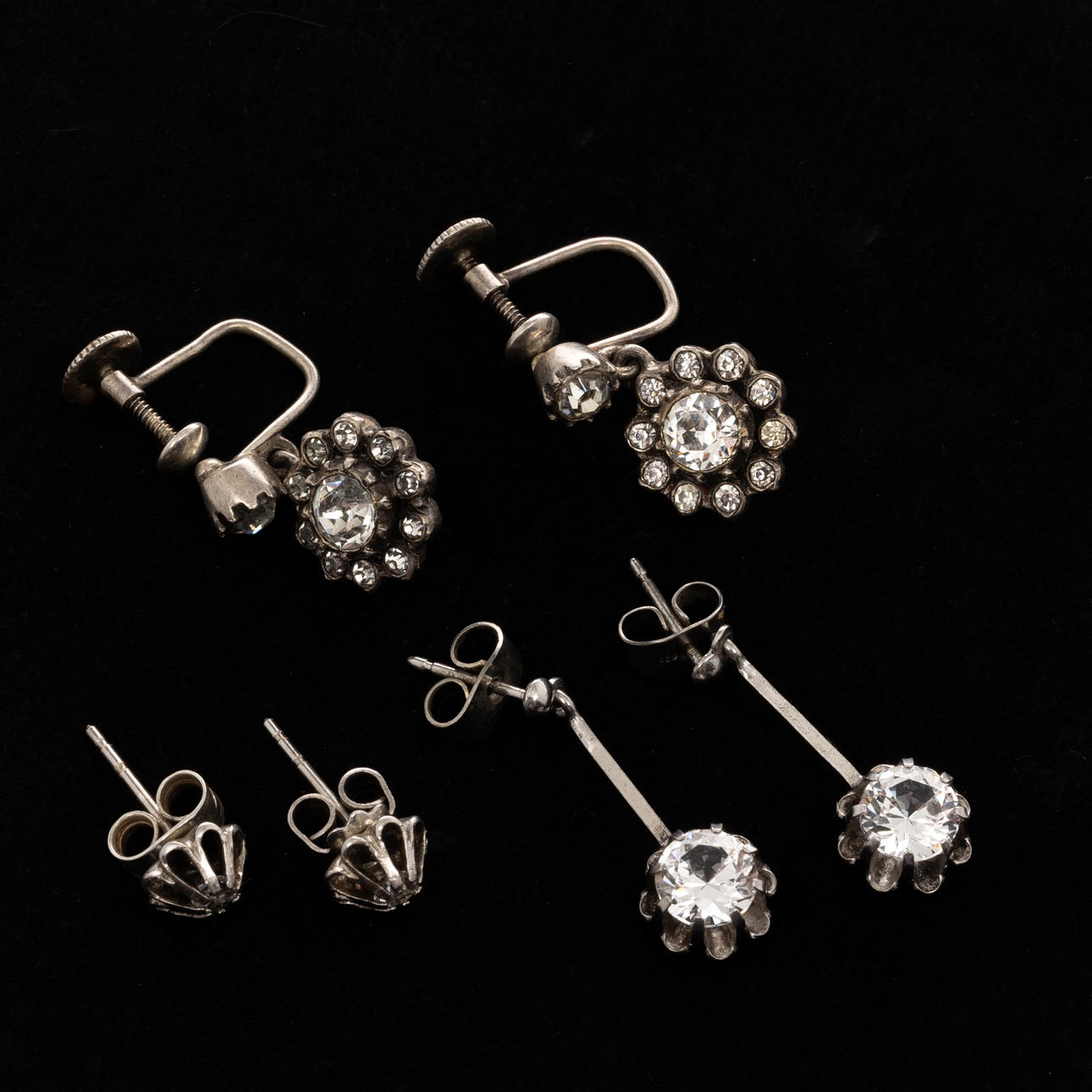 EARRINGS, 3 pairs, Silver, Cubic zirconia.
