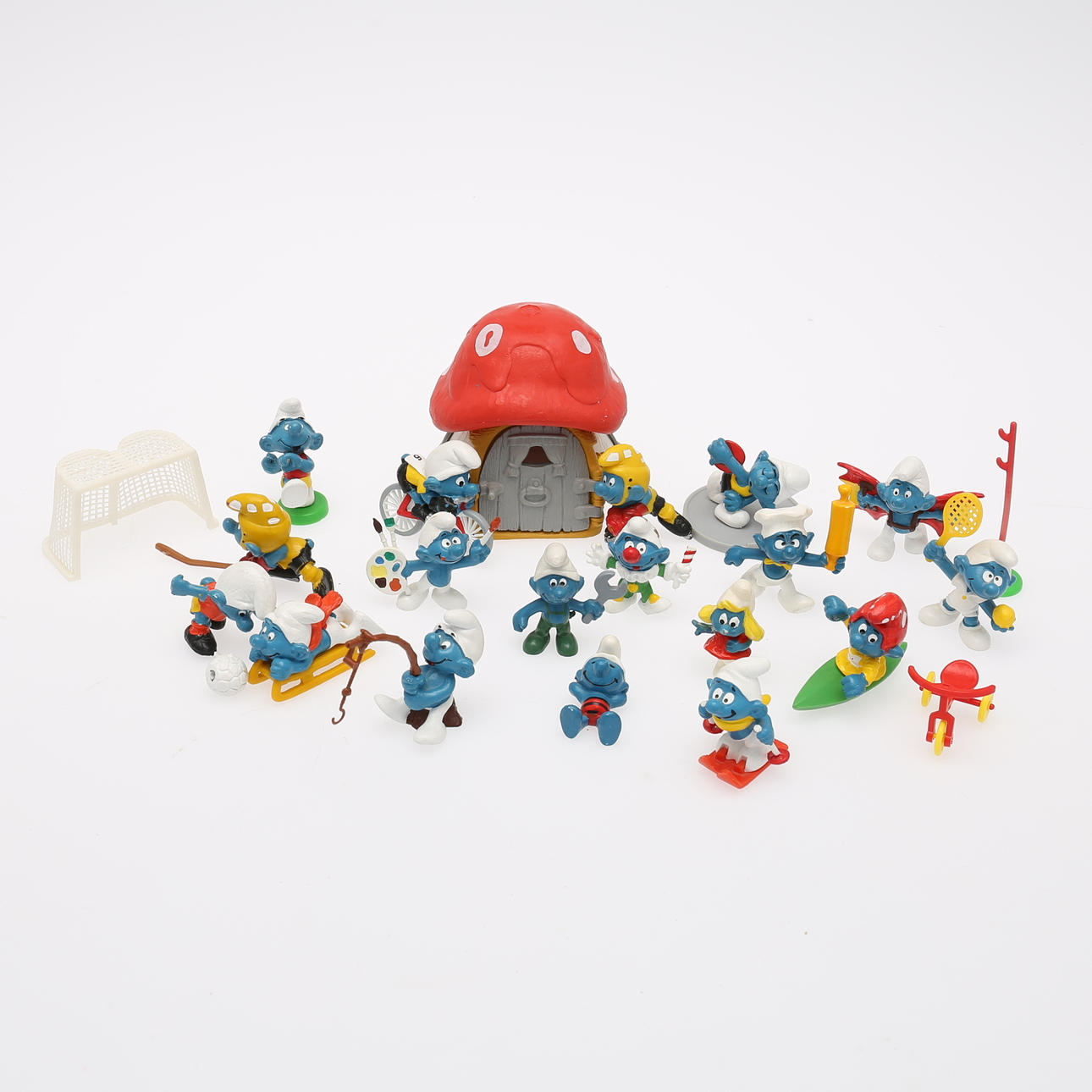 SMURFAR, 18 st samt HUS, Bully, 1980-tal.