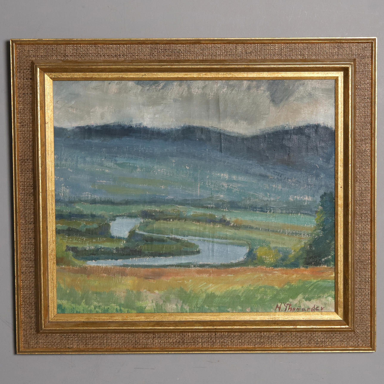 HARRY THOMANDER. OIL ON CANVAS, “De blå bergen”, signed.
