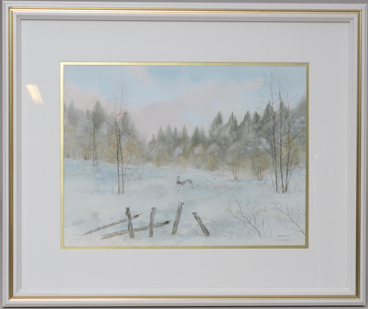 KENNETH LINDGREN. Hare i vinterlandskap, akvarell.