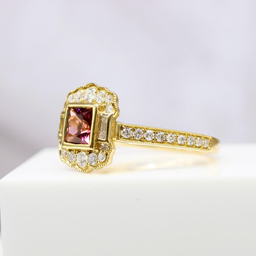 DECO STYLE PINK TOPAZ & DIAMOND RING.