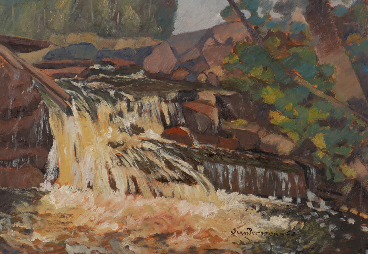 SVEN PERSSON. Landskap med vattenfall, olja på pannå, signerad Sven Persson.