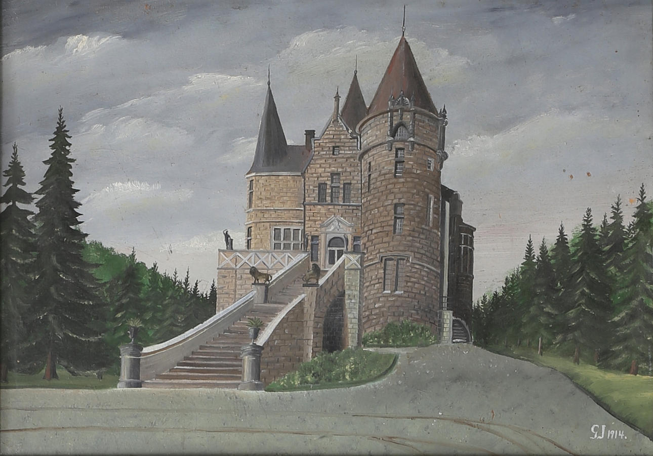 OIDENTIFIERAD KONSTNÄR. Teleborgs slott, Växjö. Olja på pappannå, signerad GJ och daterad 1914.