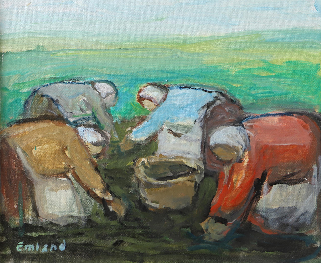 EINAR EMLAND. Potato picking, oil on panel, signed Emland.