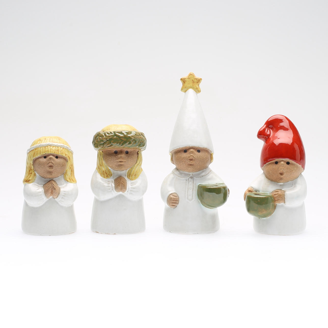 LISA LARSON. 4 st, stengods, figurer/ljusstakar, "Advent", Gustavsberg.