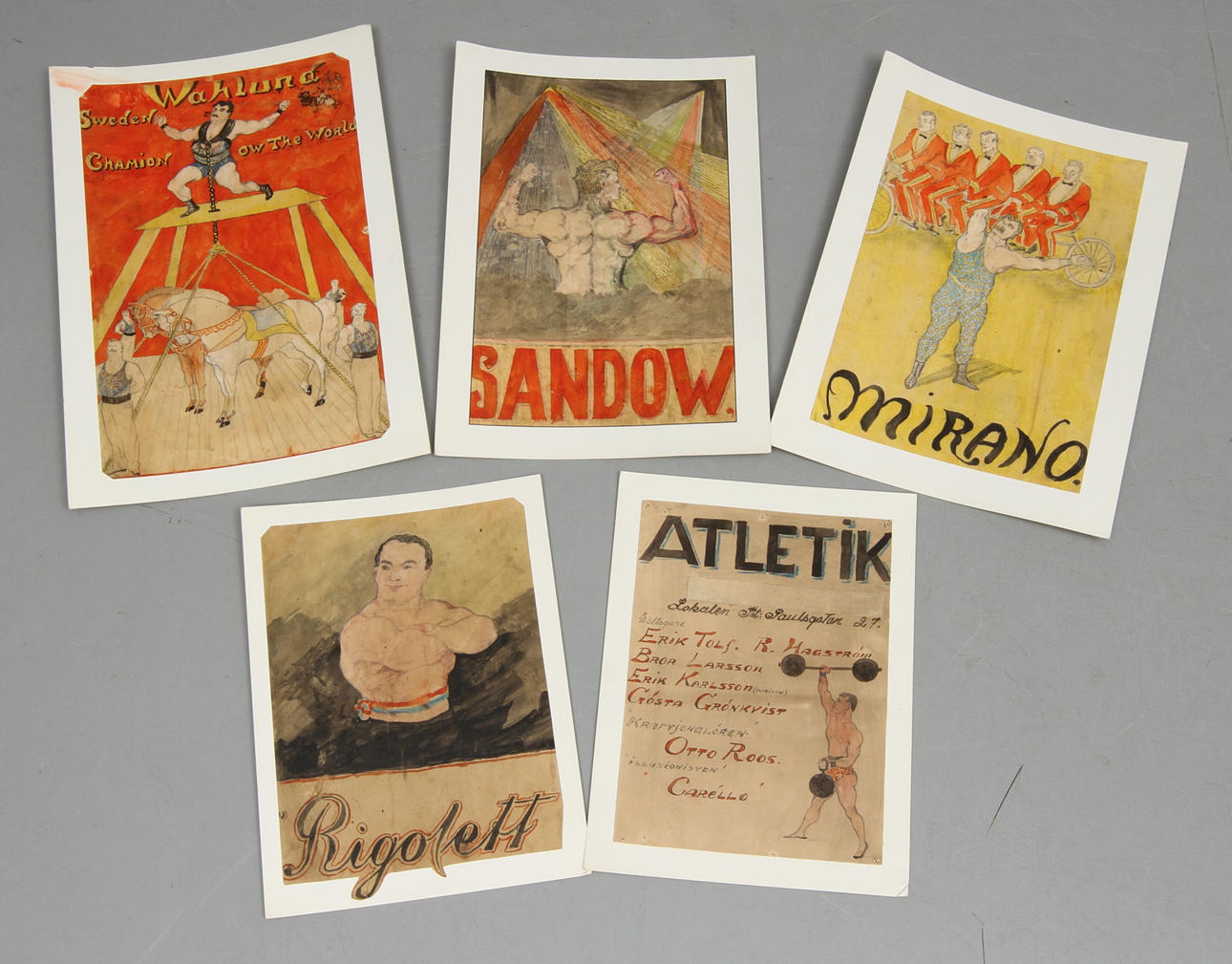 OKÄND KONSTNÄR. 5 affischstuder till Kroppsbyggare, blandteknik, osigernade.