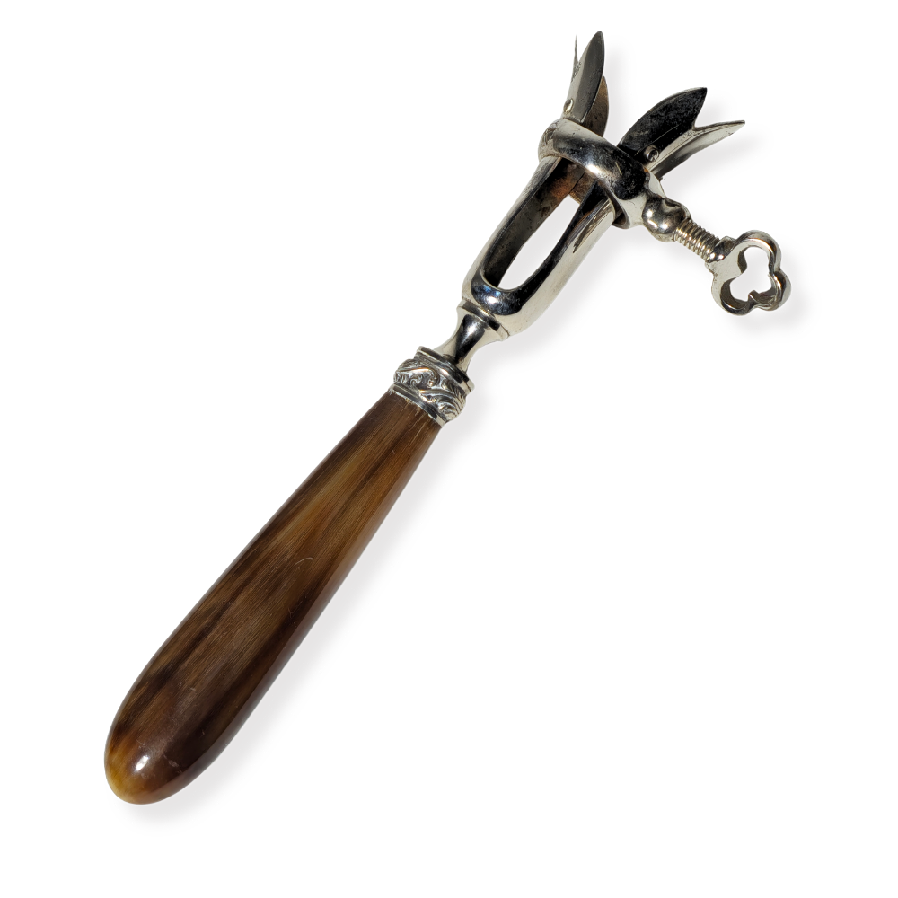 SILVER METAL CORKSCREW AND POLE HANDLE.