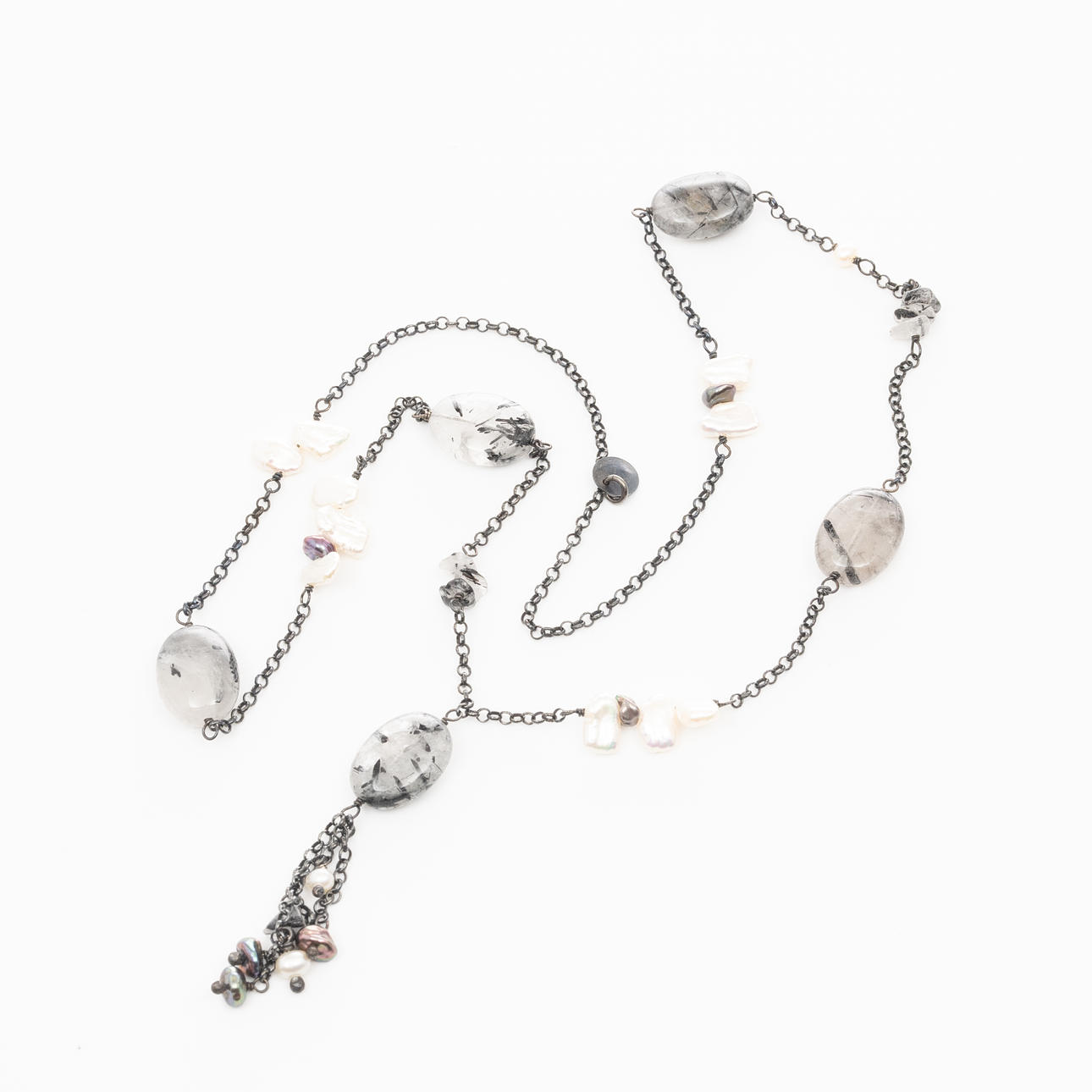 COLLIER, Oxiderat sterlingsilver, Rutilkvarts, Pärlor.