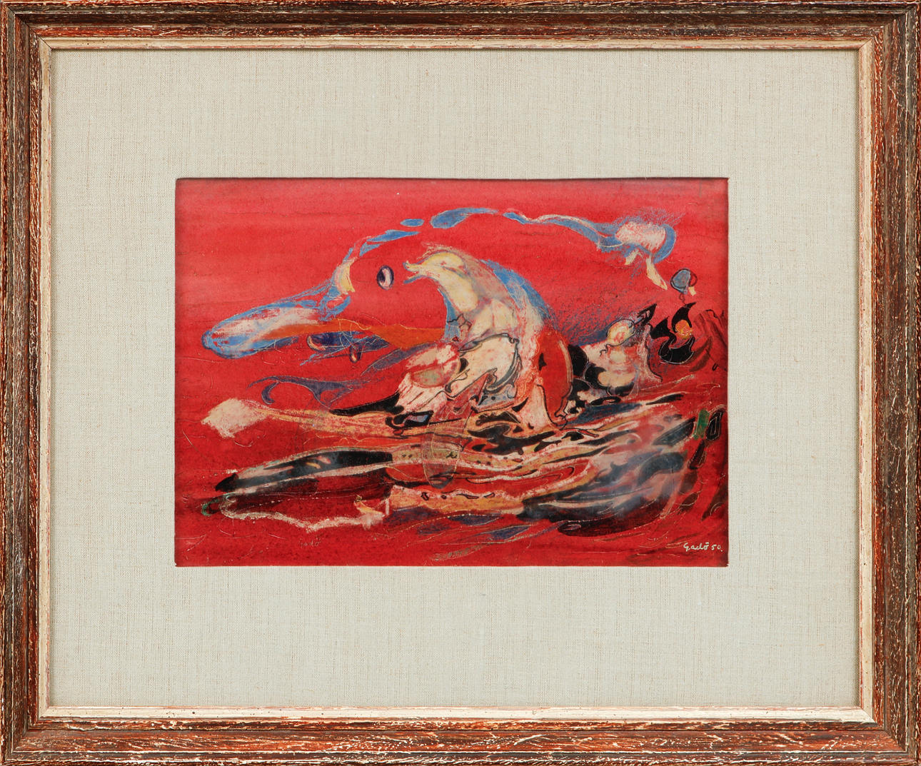 BERTIL GADÖ. Surreal figure composition, oil on panel, signed.