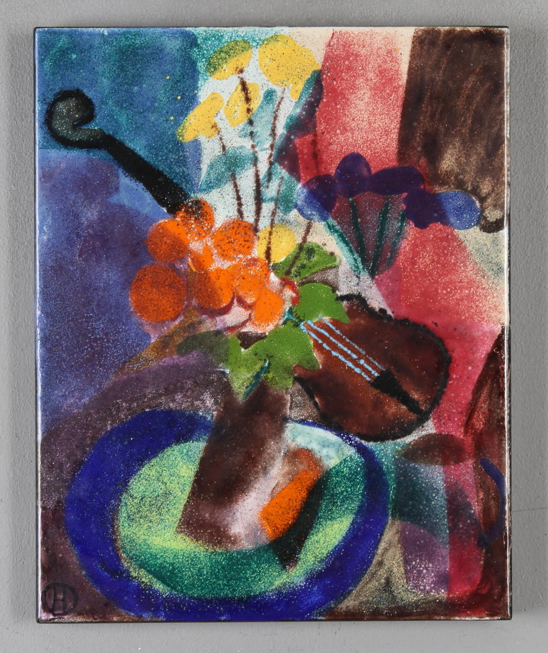 OLE HAMMELEFF. "Fiol med blomst", emalj, monogramsignerad.