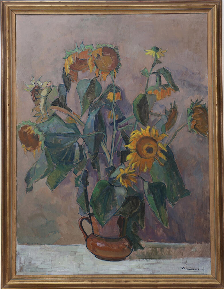 HARRY THOMANDER. oil on panel, sunflower.