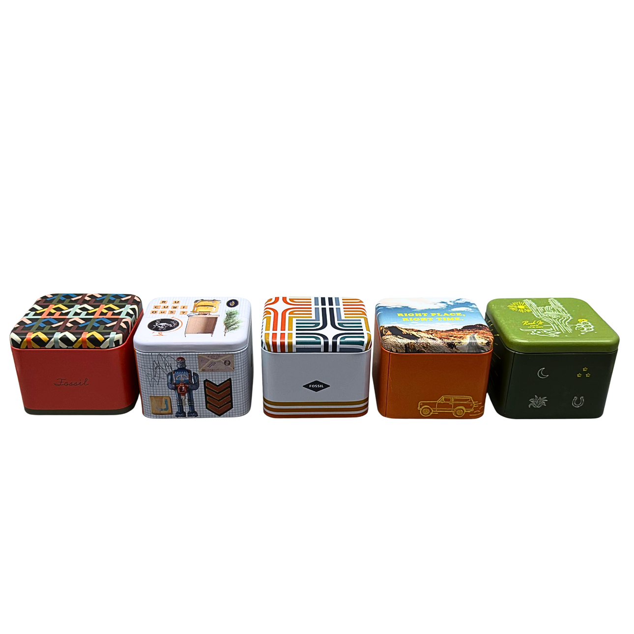 FIVE DIFFERENT METAL FOSSIL BOXES, THREE WATCH BOXES AND TWO JEWELRY BOXES.