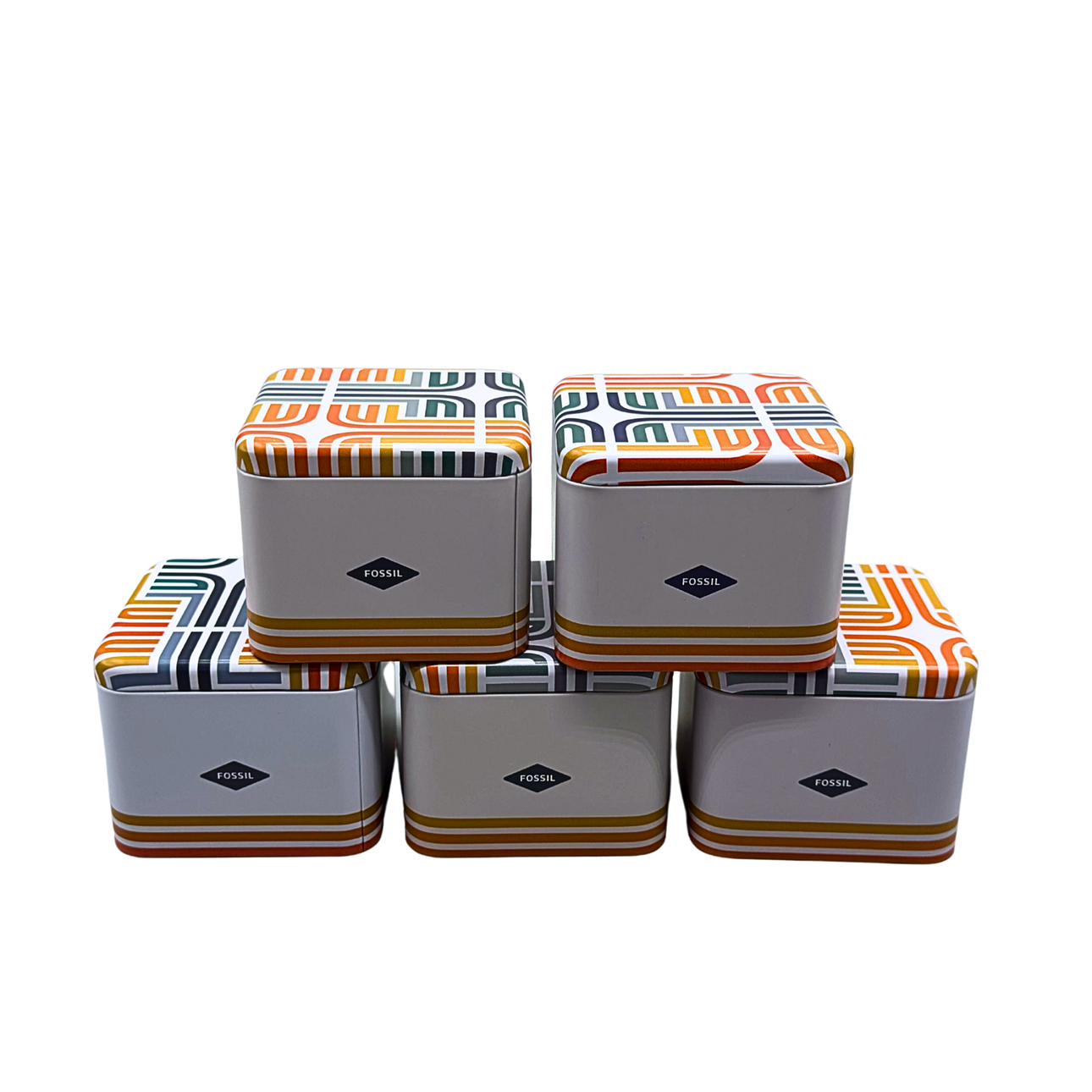 FIVE FOSSIL METAL BOXES, BUILT IN 2019.