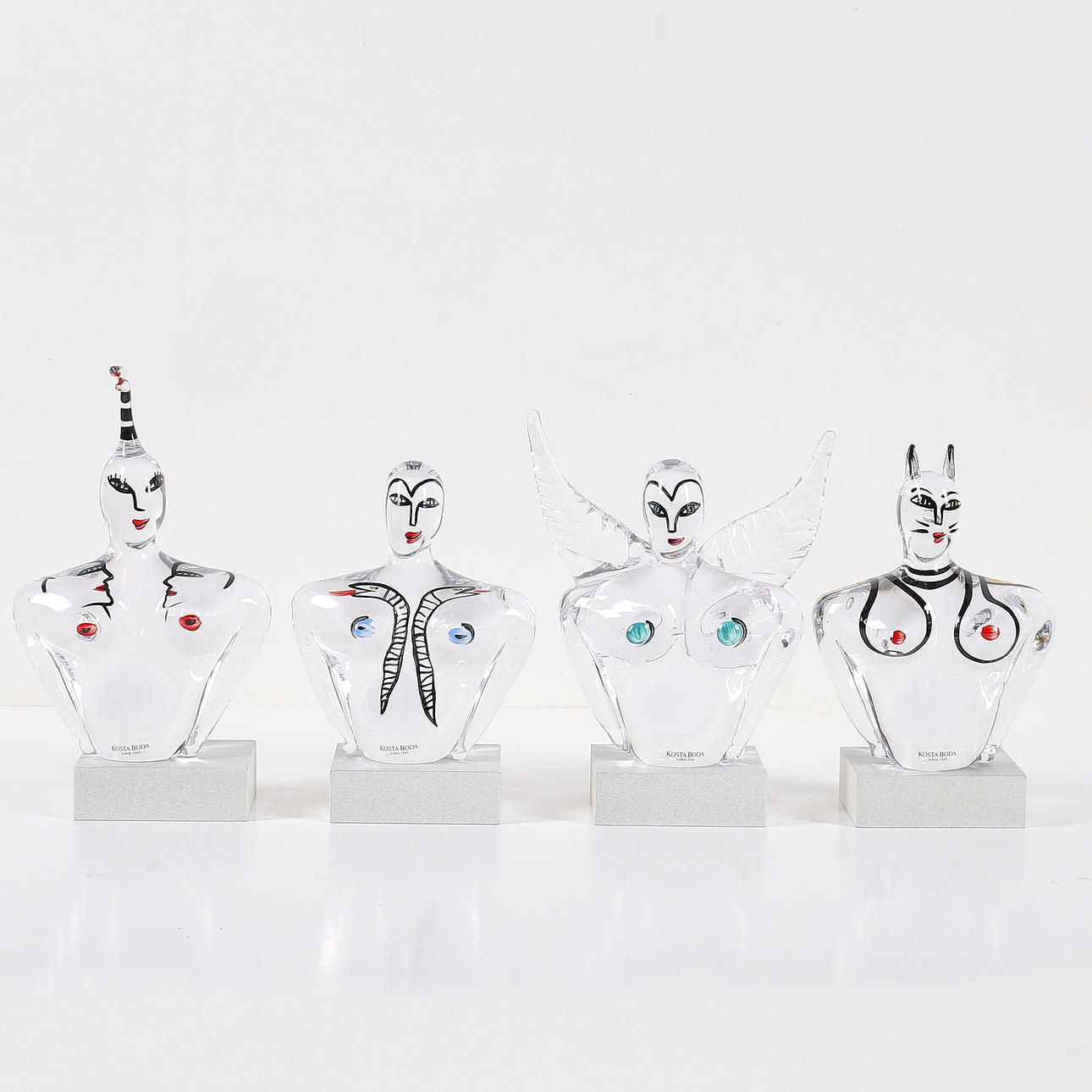 SKULPTURER, 4 st, glas, Ulrica Hydman-Vallien, Kosta Boda, 1900-tal.