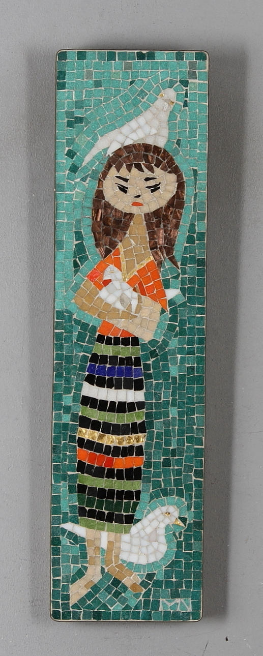 MARIE NETZ. Flicka med fåglar, mosaik, monogramsignerad.