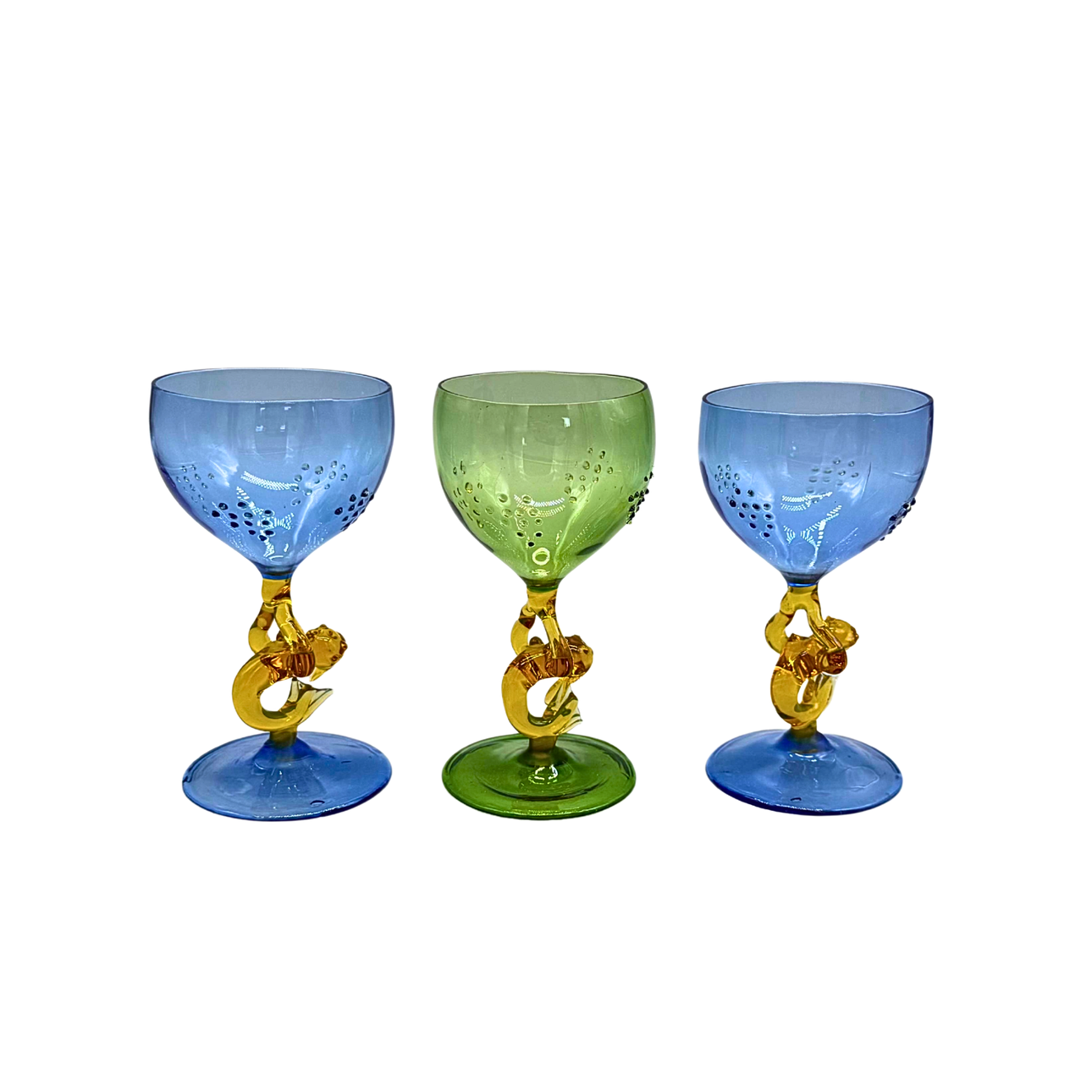 THREE LAUSCHA BIMINI GLASSES WITH MERMAID-SHAPED STEM, HANDMADE.