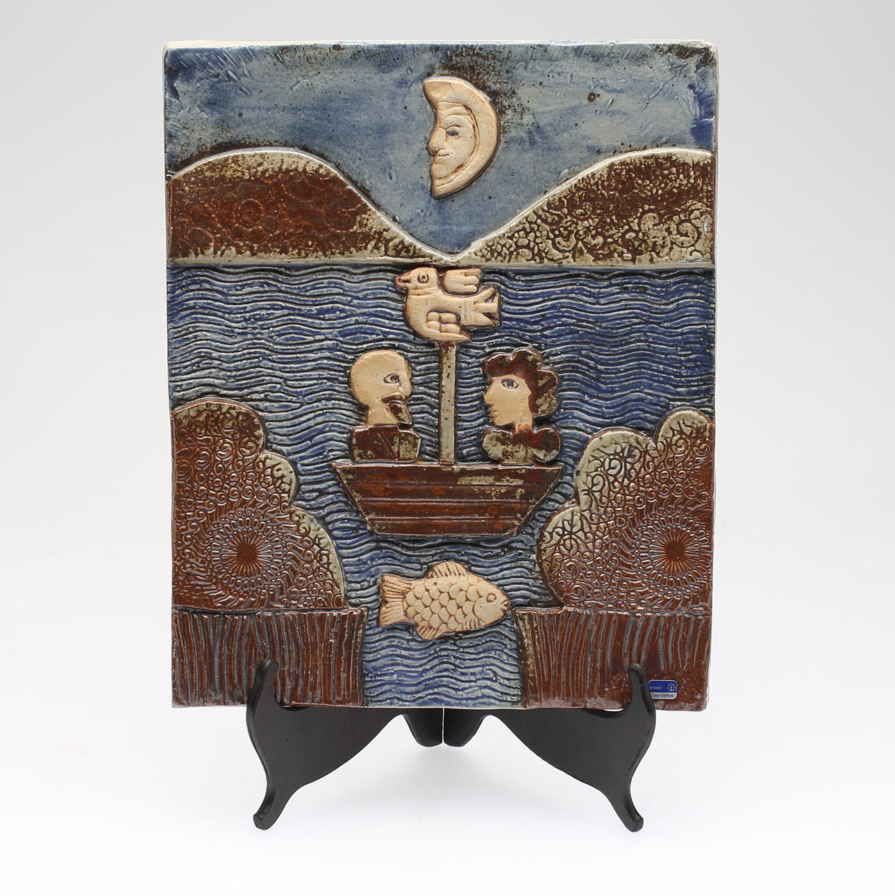 LISA LARSON. stengods, väggplakett, "Månsken", Gustavsbergs Studio, numrerad 38/950.