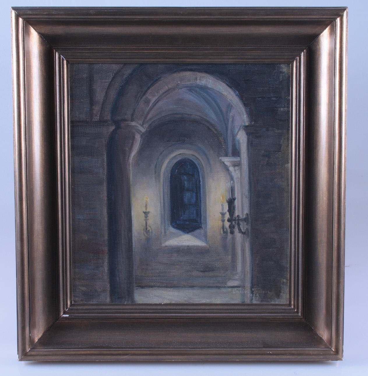 CARIN THAM. olja på duk, interiör av lunds domkyrka, signerad.