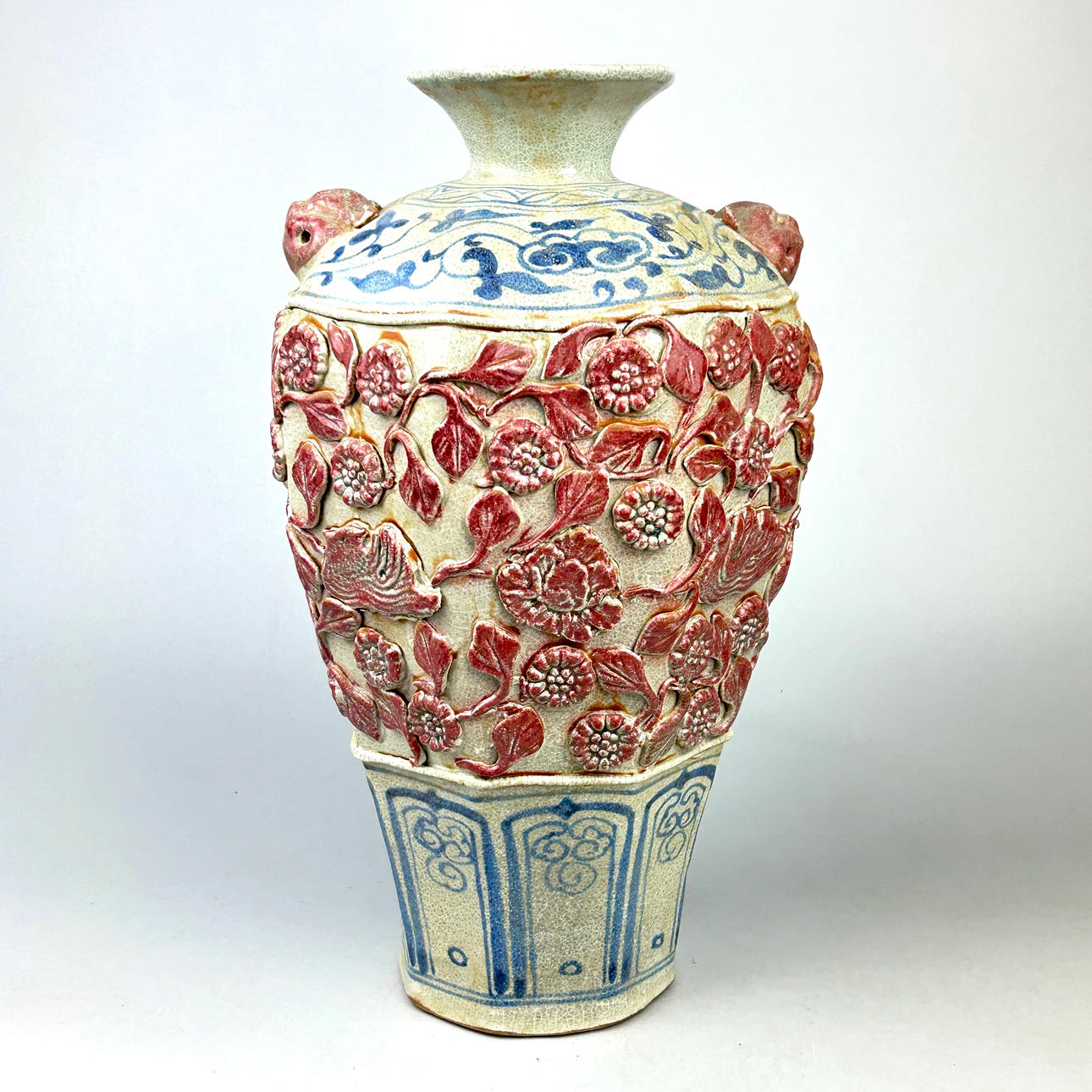 CHINESE BLUE & WHITE RELIEF DECORATED.