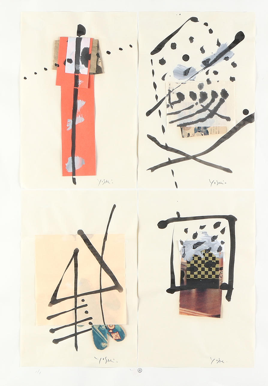 YOSHIO NAKAJIMA. Mixed techniques/collages, four, co-framed. Compositions. Signed.