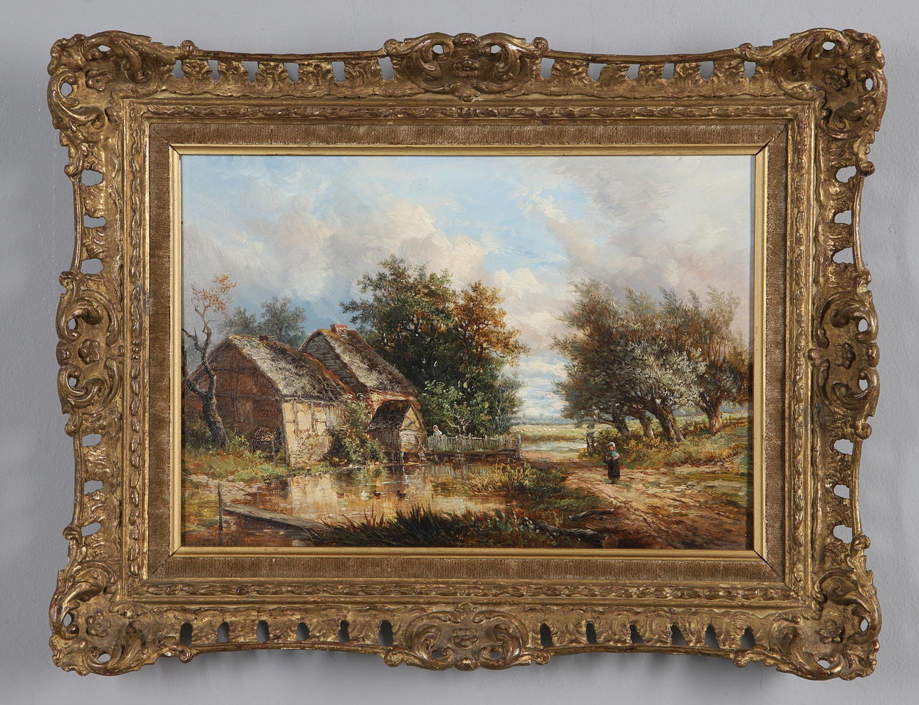 JOSEPH THORS (1835-1884). VILLAGE SCENE WITH A WOMAN ON A TRACK BESIDE A DUCKPOND.
