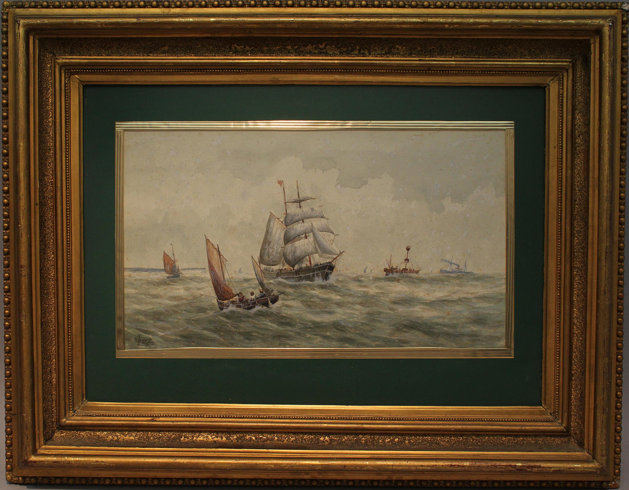 OIDENTIFIERAD KONSTNÄR. Segel- och ångbåtsfartyg. Akvarell. Otydlig signatur.